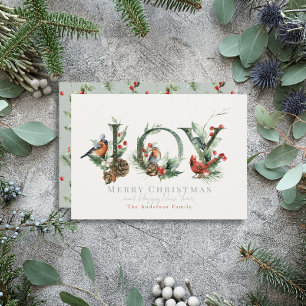 JOY Pine Cone Red Berry Birds Christmas Holiday Card