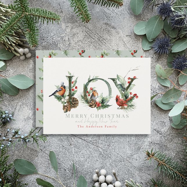 JOY Pine Cone Red Berry Birds Christmas Holiday Card (Creator Uploaded)