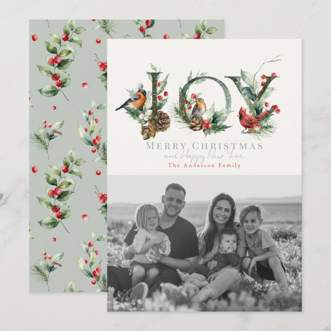 JOY Pine Cone Red Berry Birds Christmas Photo Holiday Card (Front/Back)
