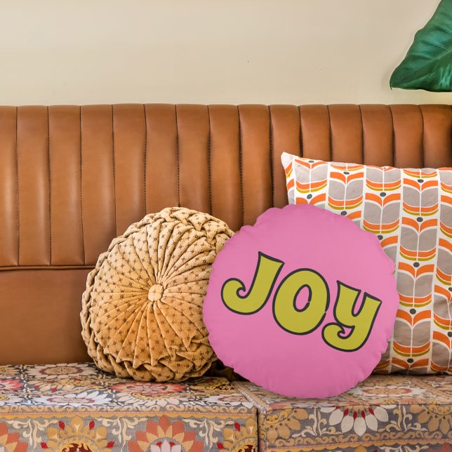 Joy Pink and Lime Green Retro Christmas Round Cushion (Creator Uploaded)