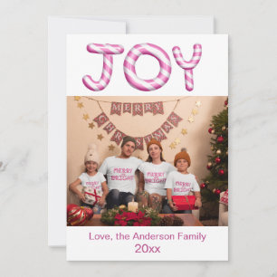 Joy Pink Candy Cane Holiday Photo Christmas Card