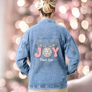 Joy Pink Christmas Disco Ball Text Denim Jacket