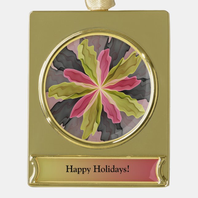 Joy, Pink Green Anthracite Fantasy Flower Custom Gold Plated Banner Ornament (Front)