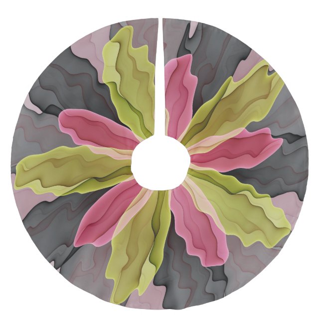 Joy, Pink Green Anthracite Fantasy Flower Fractal Brushed Polyester Tree Skirt (Front)