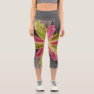 Joy, Pink Green Anthracite Fantasy Flower Fractal Capri Leggings