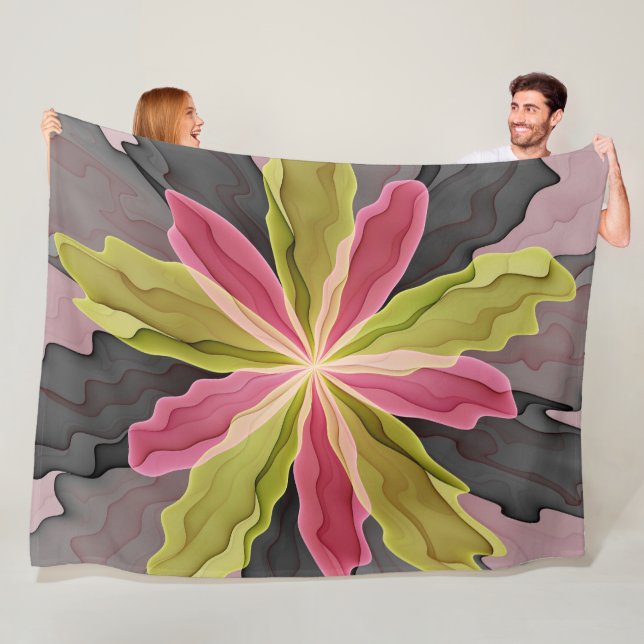 Joy, Pink Green Anthracite Fantasy Flower Fractal Fleece Blanket (In Situ)