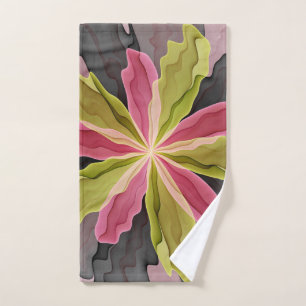 Joy, Pink Green Anthracite Fantasy Flower Fractal Hand Towel