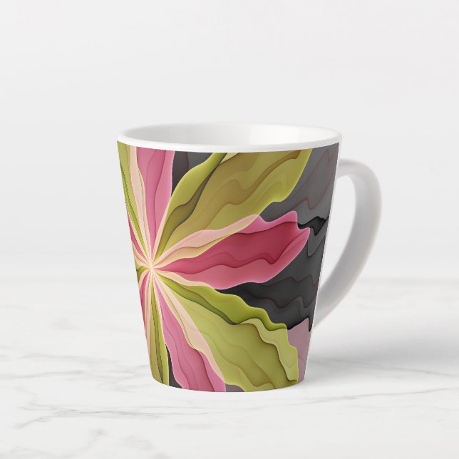 Joy, Pink Green Anthracite Fantasy Flower Fractal Latte Mug (Right Angle)