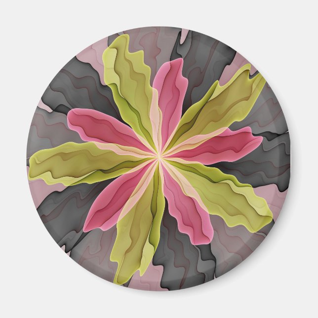 Joy, Pink Green Anthracite Fantasy Flower Fractal Magnet (Front)