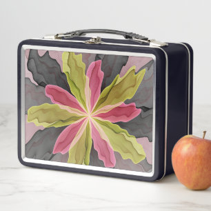Joy, Pink Green Anthracite Fantasy Flower Fractal Metal Lunch Box
