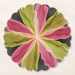 Joy, Pink Green Anthracite Fantasy Flower Fractal Paper Coaster