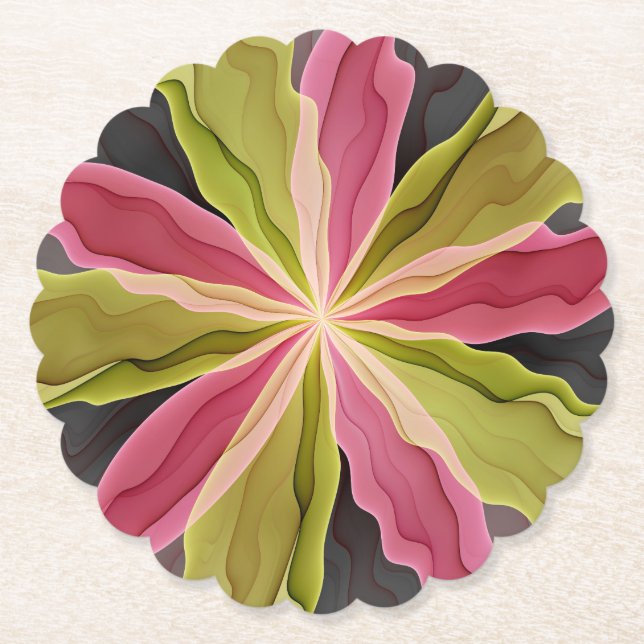 Joy, Pink Green Anthracite Fantasy Flower Fractal Paper Coaster (Front)