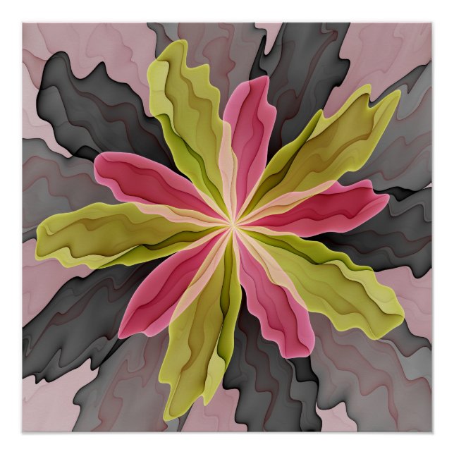 Joy, Pink Green Anthracite Fantasy Flower Fractal Poster (Front)