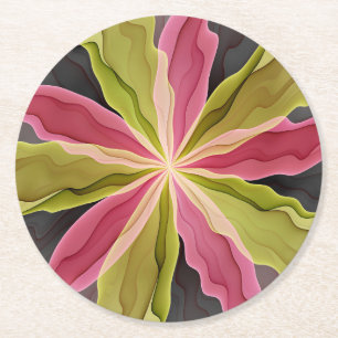 Joy, Pink Green Anthracite Fantasy Flower Fractal Round Paper Coaster