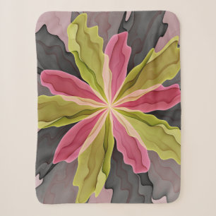 Joy, Pink Green Anthracite Fantasy Flower Fractal Sherpa Blanket