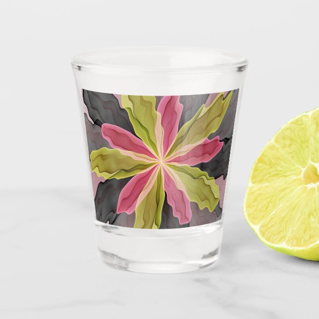 Joy, Pink Green Anthracite Fantasy Flower Fractal Shot Glass (Front)
