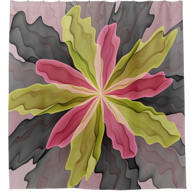Joy, Pink Green Anthracite Fantasy Flower Fractal Shower Curtain (Front)
