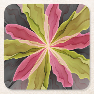 Joy, Pink Green Anthracite Fantasy Flower Fractal Square Paper Coaster