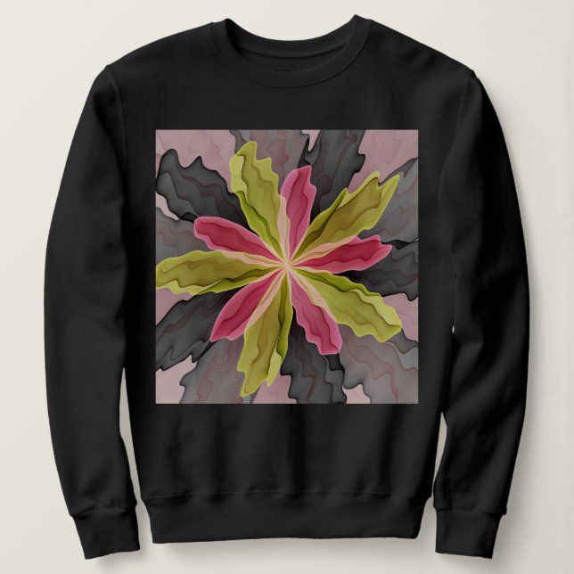 Joy, Pink Green Anthracite Fantasy Flower Fractal Sweatshirt (Design Front)