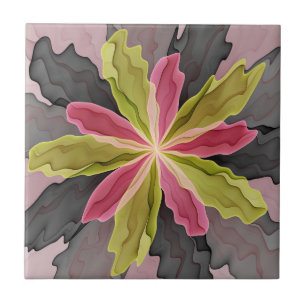 Joy, Pink Green Anthracite Fantasy Flower Fractal Tile