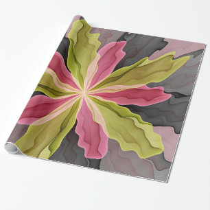 Joy, Pink Green Anthracite Fantasy Flower Fractal Wrapping Paper