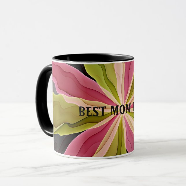 Joy, Pink Green Anthracite Flower Fractal Best Mum Mug (Front Left)