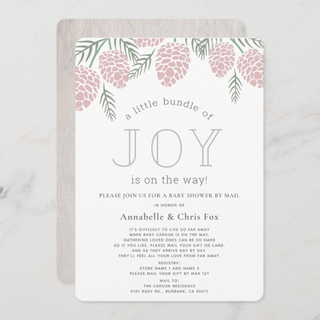 Joy Pink Pine Cone Baby Shower by Mail Invitation (Front/Back)