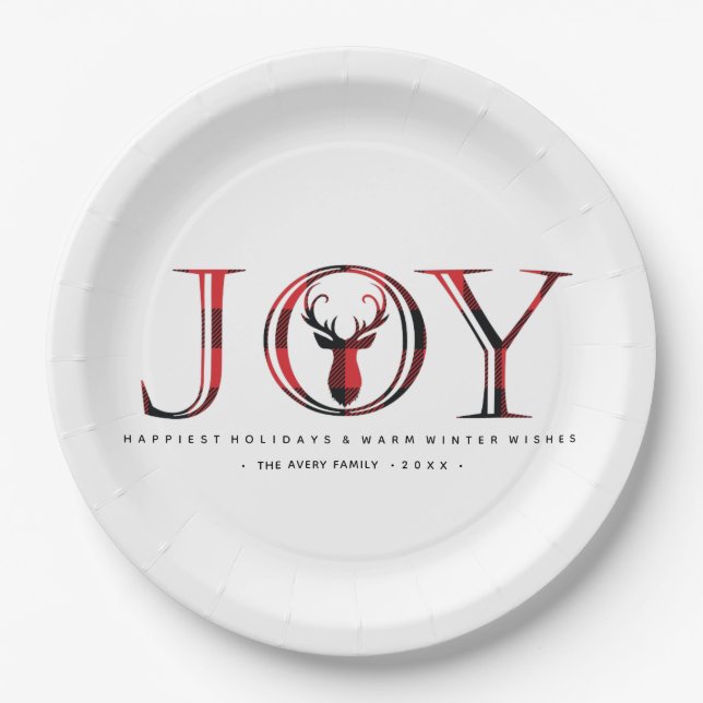 Joy Plaid Personalised Christmas Paper Plate (Front)