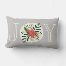 Joy Poinsettia Floral Grey Lumbar Pillow