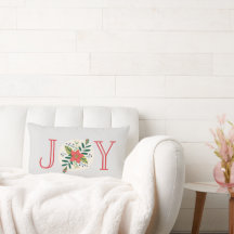Joy Poinsettia Floral Light Grey Lumbar Pillow