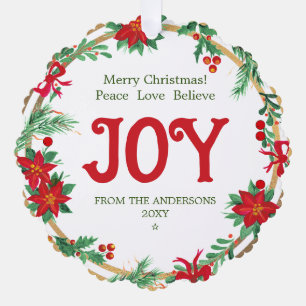 Joy Poinsettia Wreath Botanical Elegant Christmas Tree Decoration Card