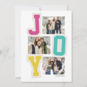 Joy preppy patches fun pink three photo Christmas Holiday Card