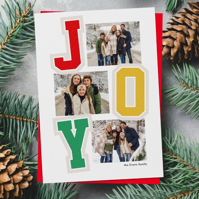 Joy preppy patches trendy three photo Christmas Holiday Card (Creator Uploaded)