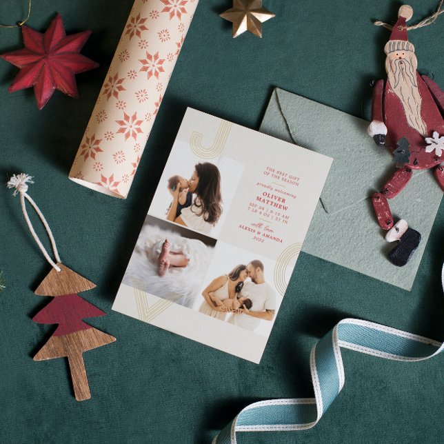 Joy Red Birth Announcement Gold Foil Holiday (Creator Uploaded)