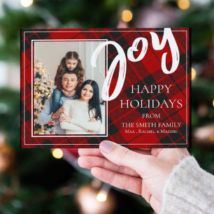 Joy Red Black Plaid Tartan Photo Happy Holiday Postcard