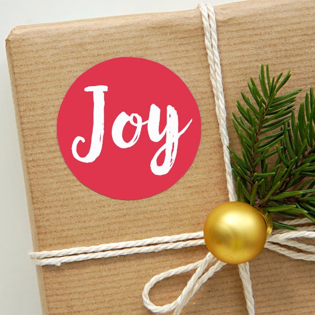 Joy Red Brushed Script Holiday Classic Round Sticker (Creator Uploaded)