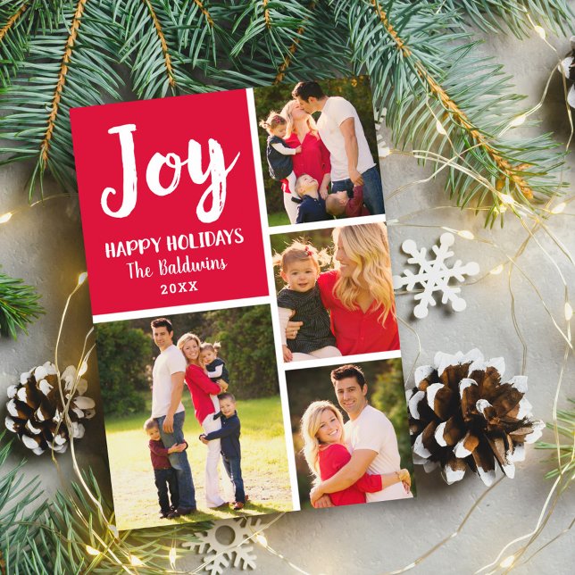 Joy Red Brushed Script Photo Collage Holiday Card (Creator Uploaded)