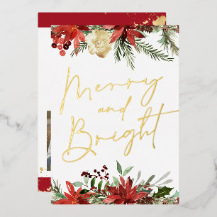 JOY Red Floral Poinsettia Gold Photo Holiday Card