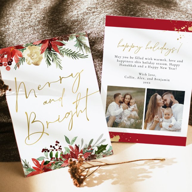 JOY Red Floral Poinsettia Gold Photo Holiday Card (Creator Uploaded)