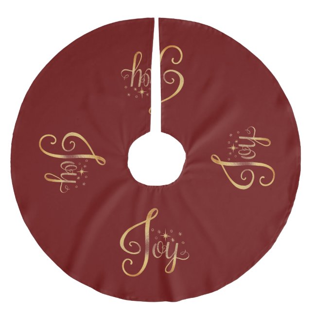 “Joy” Red Gold Script Elegant Holiday Seasonal Brushed Polyester Tree Skirt (Front)