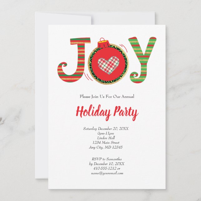 Joy Red Green Christmas Holiday Party Invitation (Front)