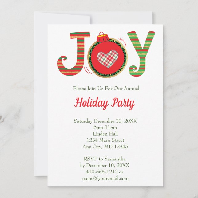 Joy Red Green Christmas Holiday Party Invitation (Front)