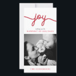 Joy Red Modern Script Christmas Photo Card<br><div class="desc">Send holiday joy to your friends,  family and loved ones with these classic and stylish photo cards featuring a red script on the top and your favourite photo. View the matching collection in the Young Wanderlust store!</div>