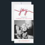 Joy Red Modern Script Christmas Photo Card<br><div class="desc">Send holiday joy to your friends,  family and loved ones with these classic and stylish photo cards featuring a red script on the top and your favourite photo. View the matching collection in the Young Wanderlust store!</div>