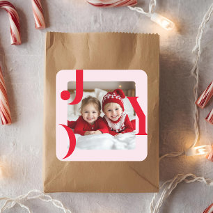 JOY   Red & Pink Modern Christmas Photo Square Sticker