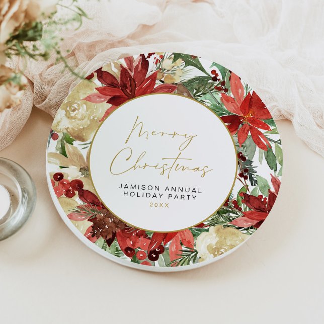 JOY Red Poinsettia Christmas Party Decor Paper Plate (Creator Uploaded)