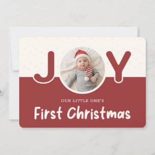Joy Red Santa Hat Photo Baby’s First Christmas Holiday Card