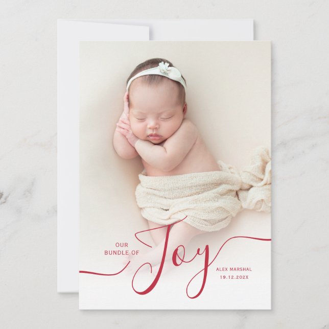 joy red script holiday birth announcement  (Front)