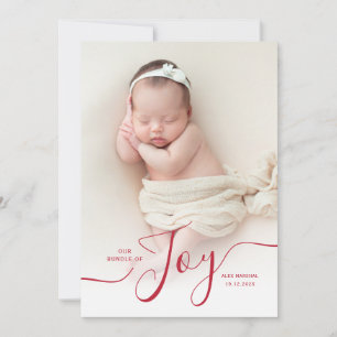 joy red script holiday birth announcement