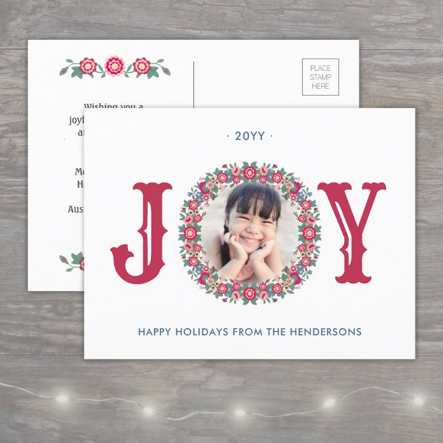 Joy Retro Floral Holiday Wreath One Photo Colourfu Announcement Postcard (Creator Uploaded)